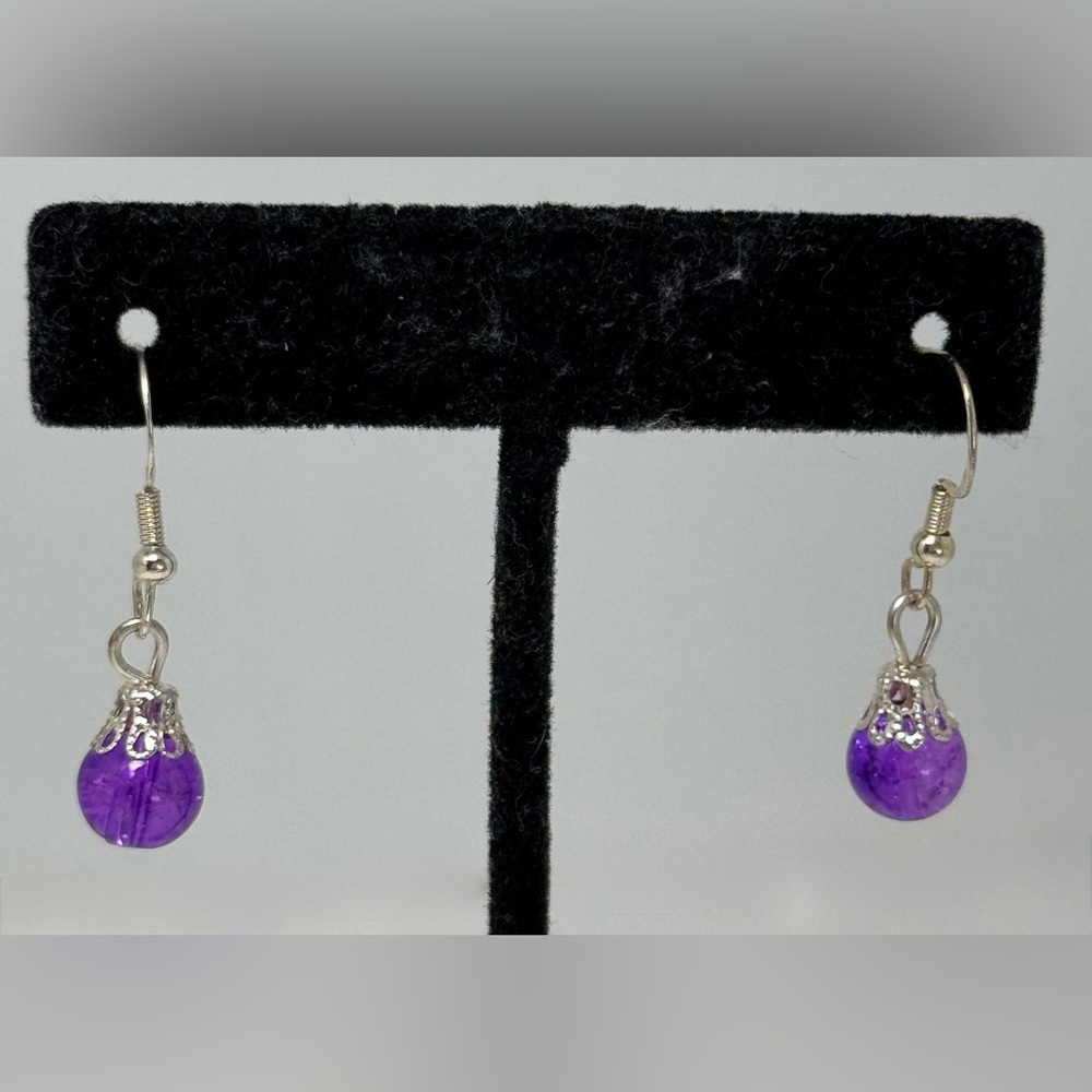 Sterling Silver Purple Teardrop Dangle Earrings - Silver Accent